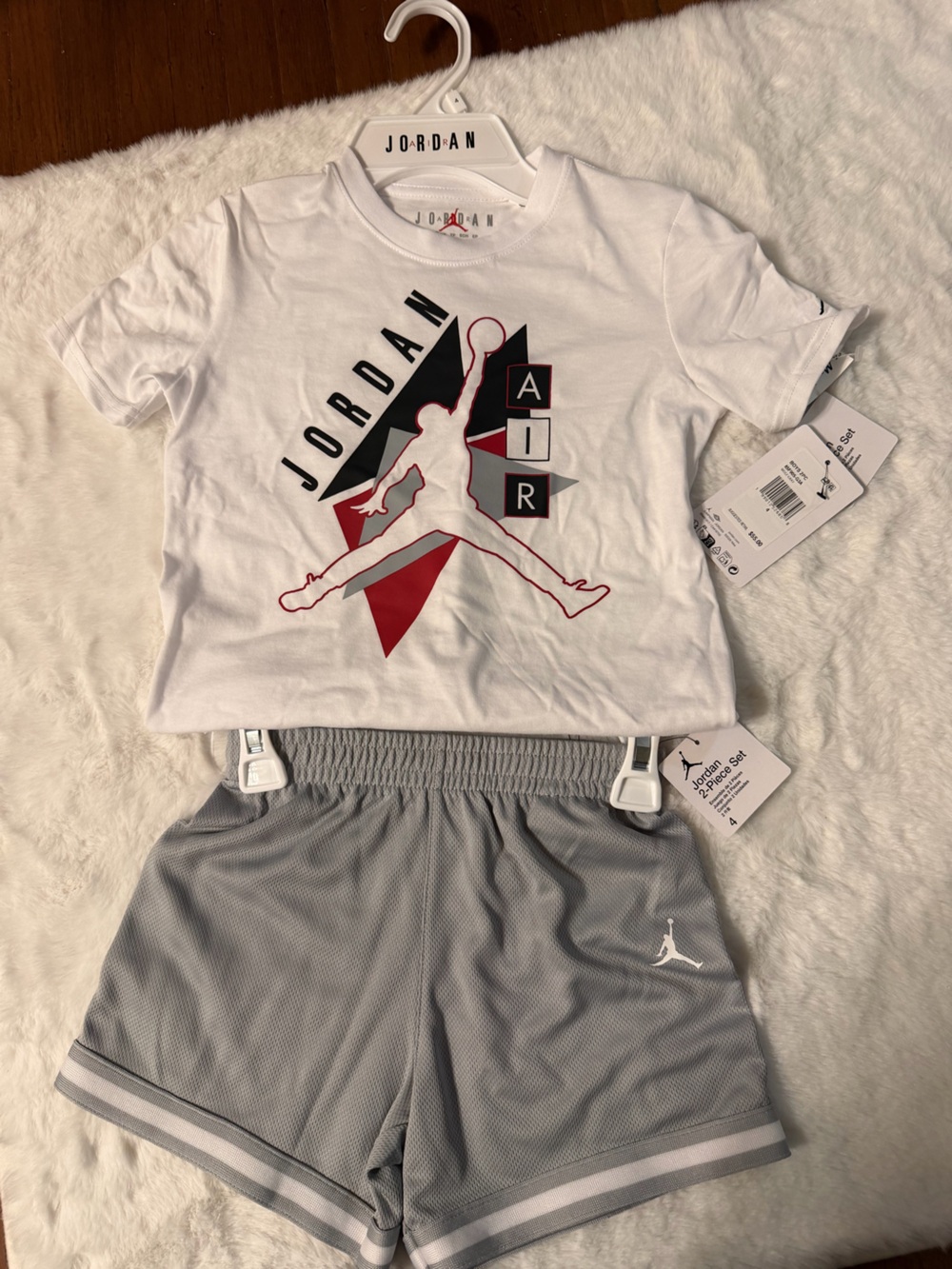 Jordan White Tee and Gray Shorts Set with Red Accent